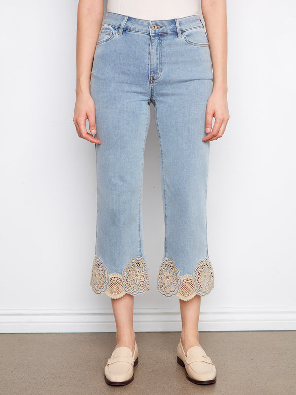 Cropped Flare Jeans With Lace Hem - Light Blue