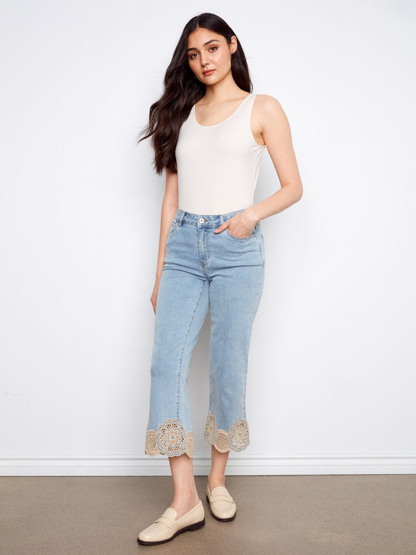 Cropped Flare Jeans With Lace Hem - Light Blue