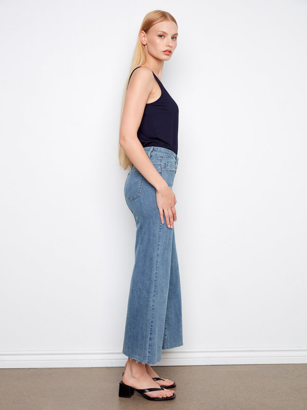 Cropped Flare Jeans With Raw Hem - Vintage Blue