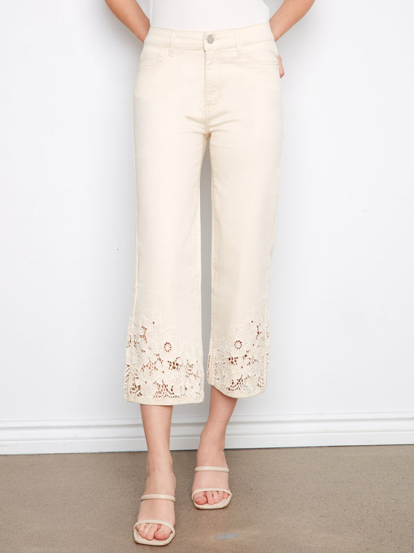 Elegant cropped flare jeans with laser-cut floral lace hem, designed in soft stretch twill fabric by Charlie B.