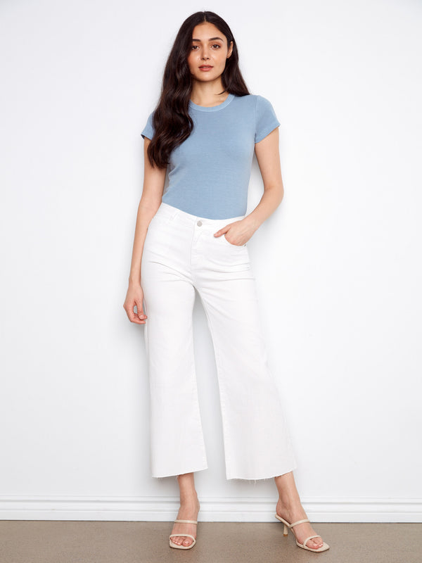 Cropped Flare Twill Pants With Raw Hem - White