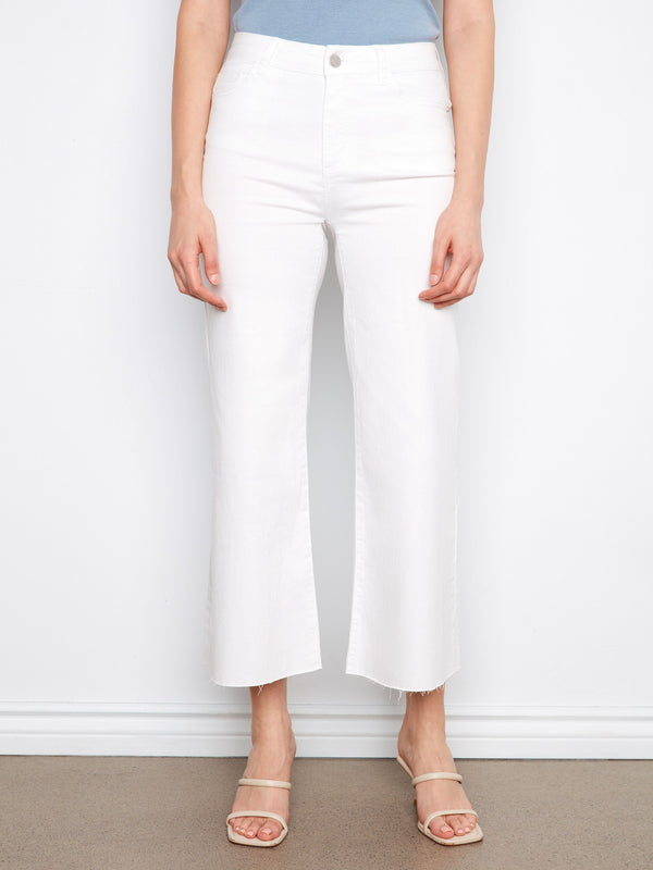 Cropped Flare Twill Pants With Raw Hem - White