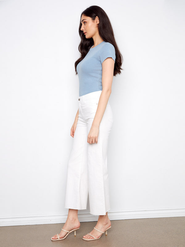 Cropped Flare Twill Pants With Raw Hem - White
