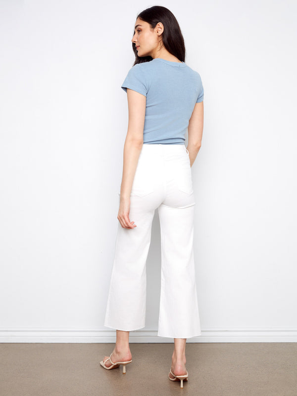 Cropped Flare Twill Pants With Raw Hem - White