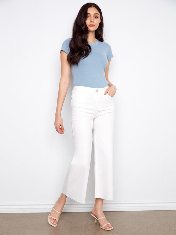 Cropped Flare Twill Pants With Raw Hem - White