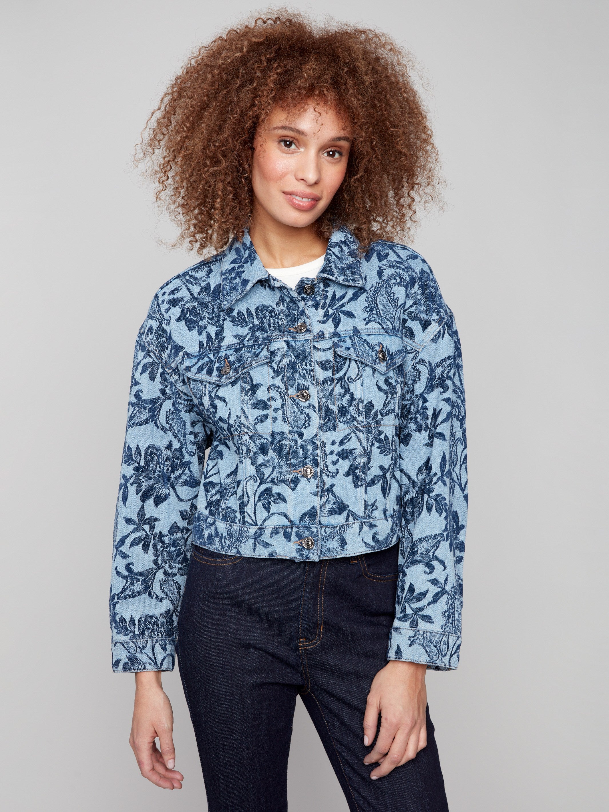 Denim jacket featuring a stylish shirt collar and floral jacquard pattern, perfect for casual outings by Charlie B.