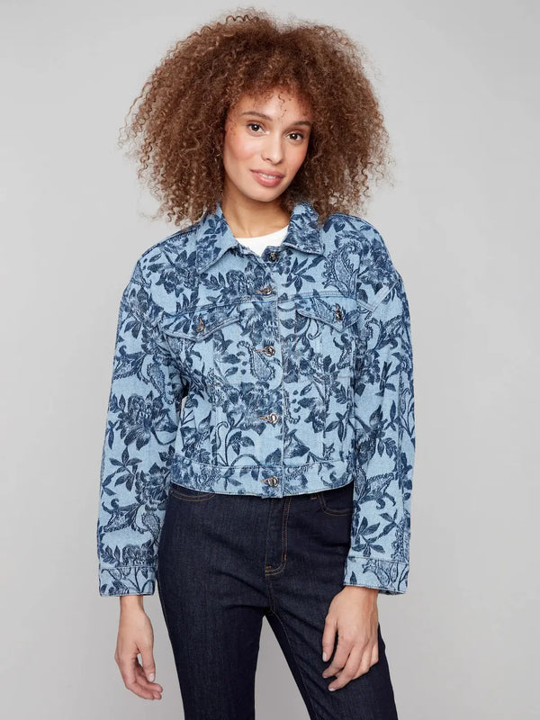 Cropped Jacquard Denim Jacket - Blue