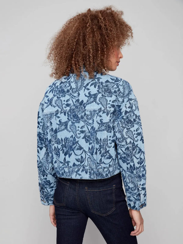 Cropped Jacquard Denim Jacket - Blue