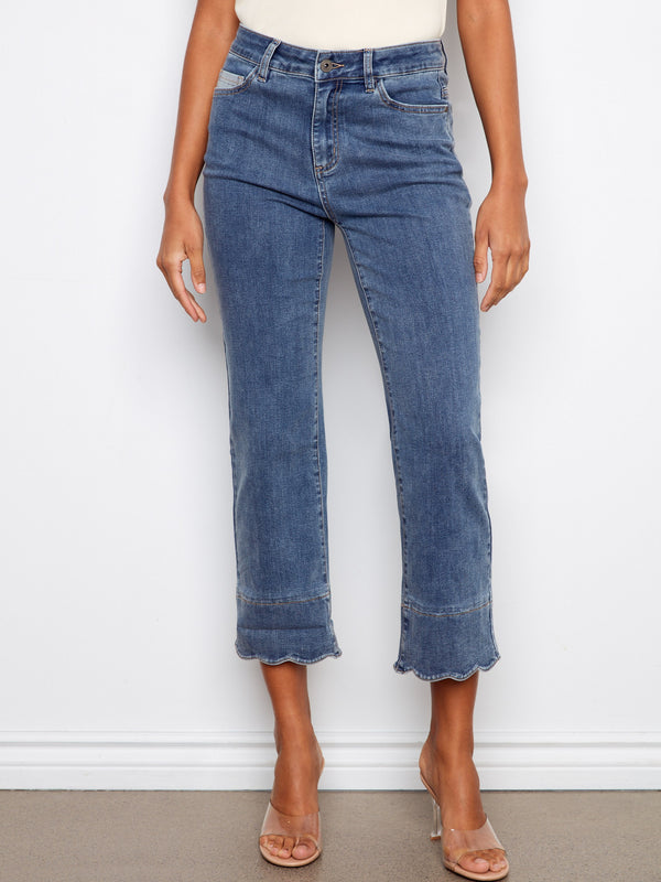 Cropped Jeans With Contrast Scallop Cuff - Medium Blue