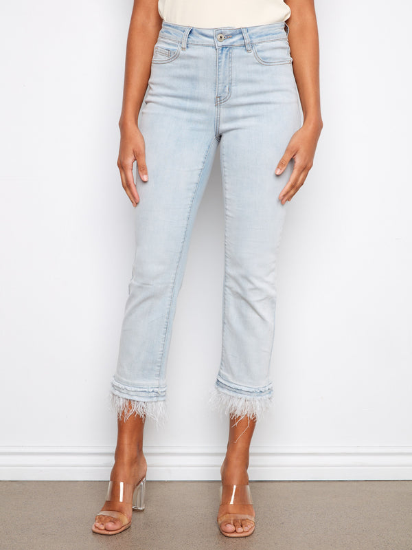 Cropped Jeans With Removable Feather Hem - Bleach Blue