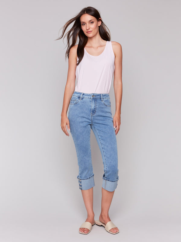 Stretch denim fabric in slim fit cropped jeans by Charlie B.