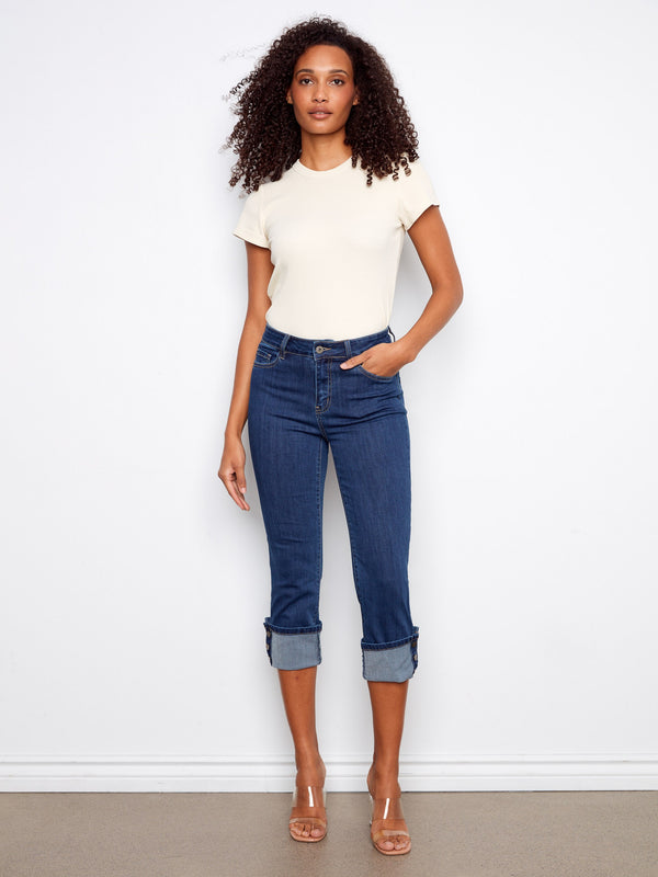Cropped Jeans With Snap Button Cuff - Indigo