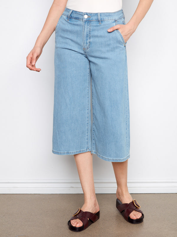 Cropped Palazzo Jeans - Light Blue