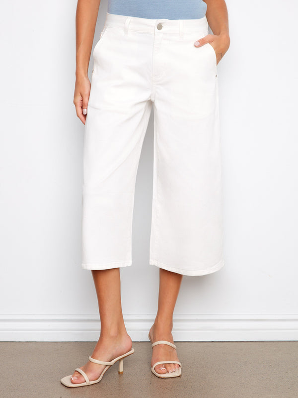 Cropped Palazzo Twill Pants - White
