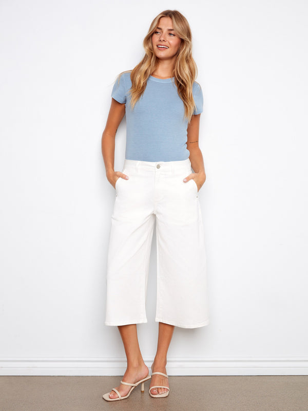Cropped Palazzo Twill Pants - White