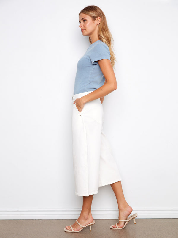 Cropped Palazzo Twill Pants - White