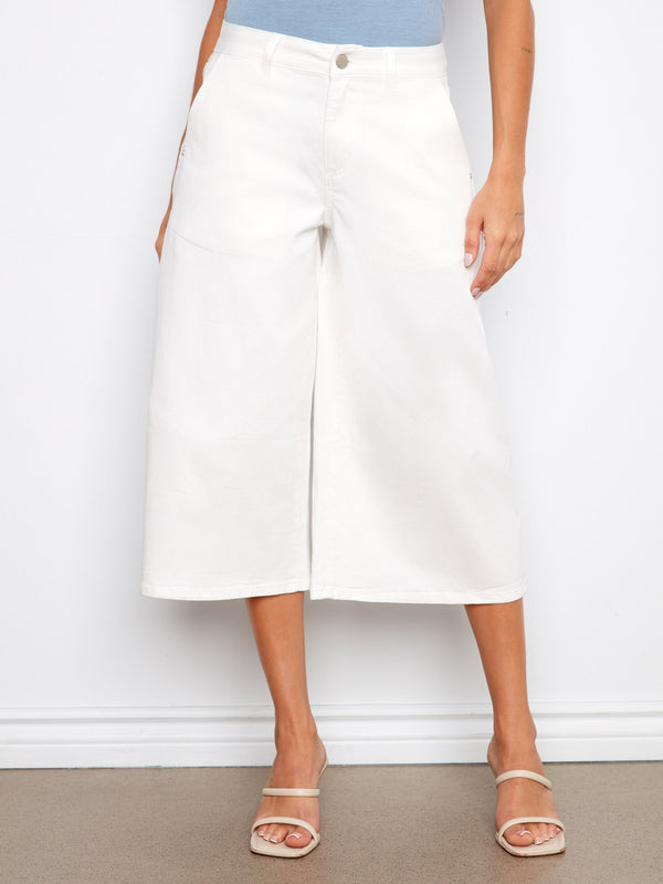 Pantalon palazzo en sergé écourté - Blanc