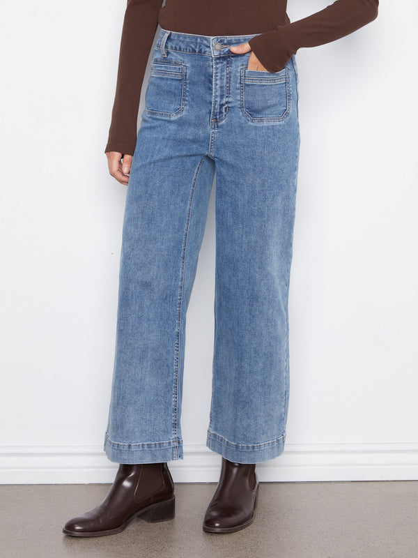 Jean à jambe large avec poches plaquées - Bleu Moyen