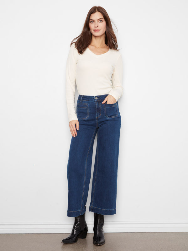 Cropped Patch Pocket Wide Leg Jeans - Indigo