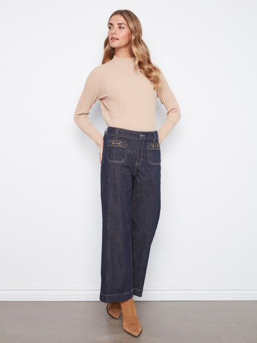 Trendy cropped length denim with unique horsebit detail on the patch pockets for added flair by Charlie B.