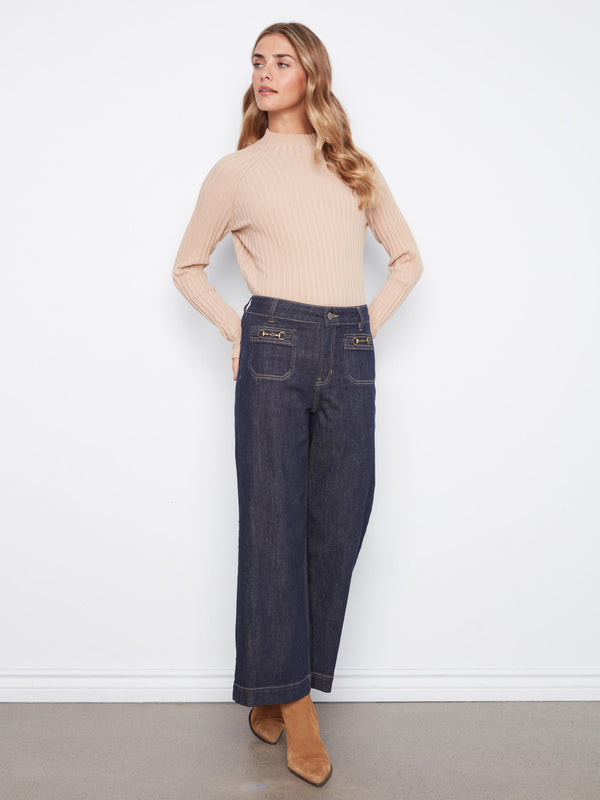 Jean à jambe large écourté avec poches plaquées et détail de mors - Bleu Profond