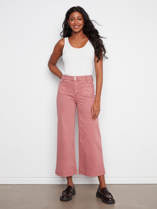 Pantalon en sergé à jambe large avec poches plaquées - Bouton de Rose