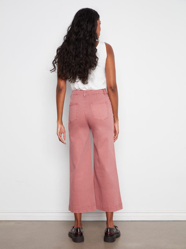 Pantalon en sergé à jambe large avec poches plaquées - Bouton de Rose