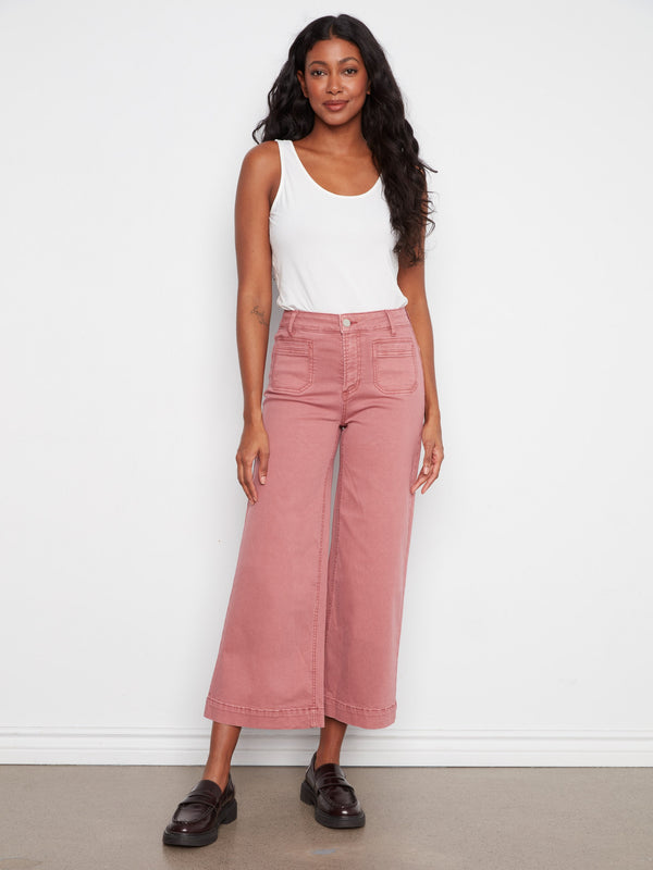 Pantalon en sergé à jambe large avec poches plaquées - Bouton de Rose