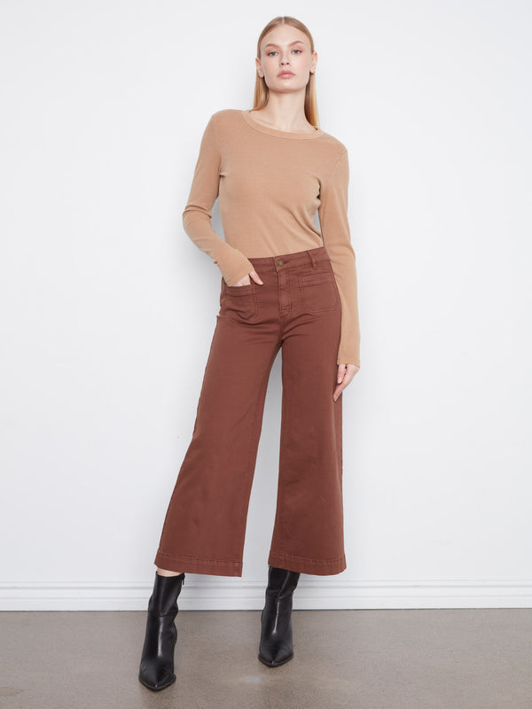 Pantalon en sergé à jambe large avec poches plaquées - Chocolat