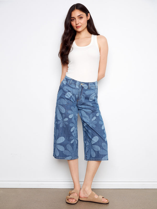 Cropped Printed Palazzo Jeans - Floral