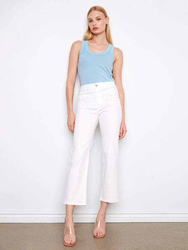 Cropped Straight Leg Jeans With Eyelet Pockets - White