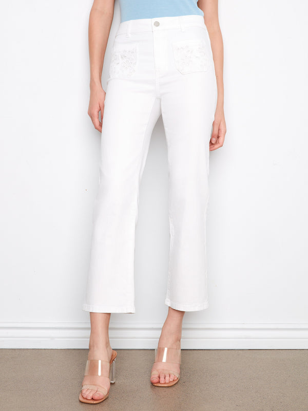 Cropped Straight Leg Jeans With Eyelet Pockets - White