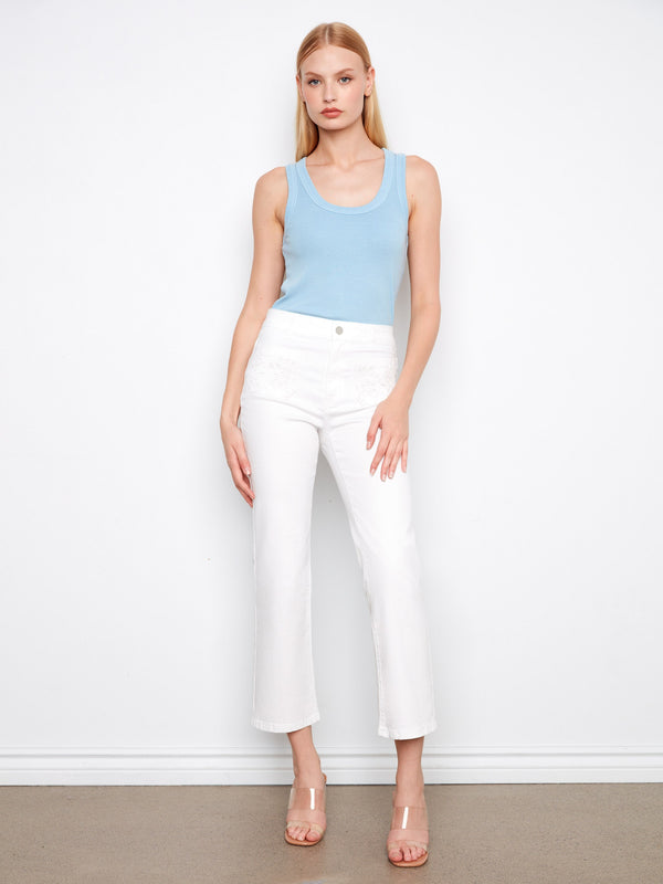 Cropped Straight Leg Jeans With Eyelet Pockets - White