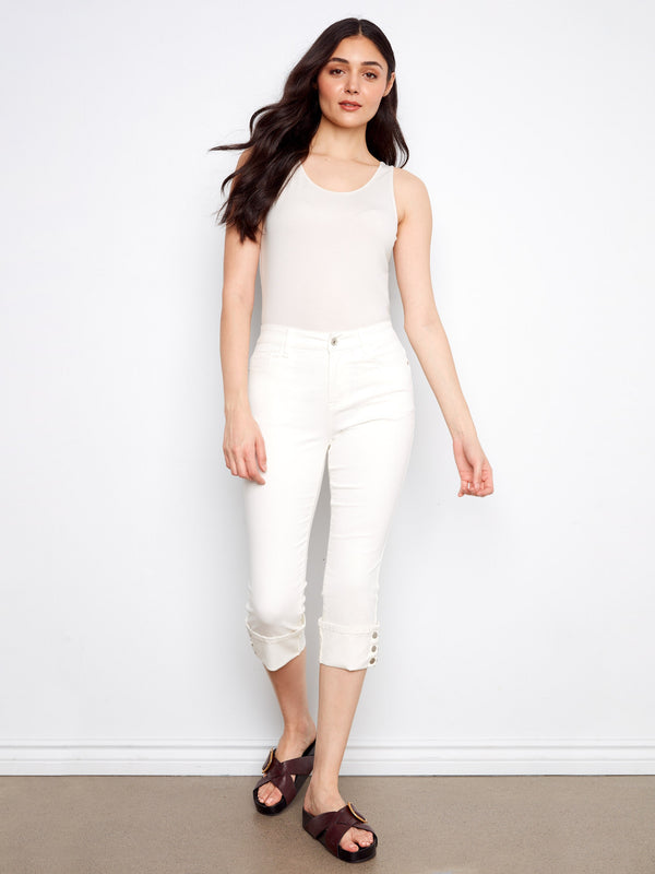 Cropped Twill Jeans With Snap Button Cuff - White