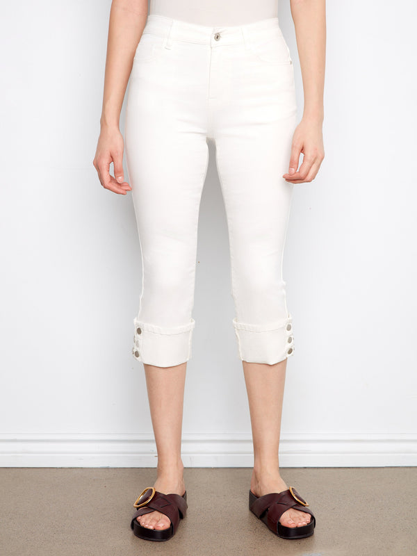 Cropped Twill Jeans With Snap Button Cuff - White