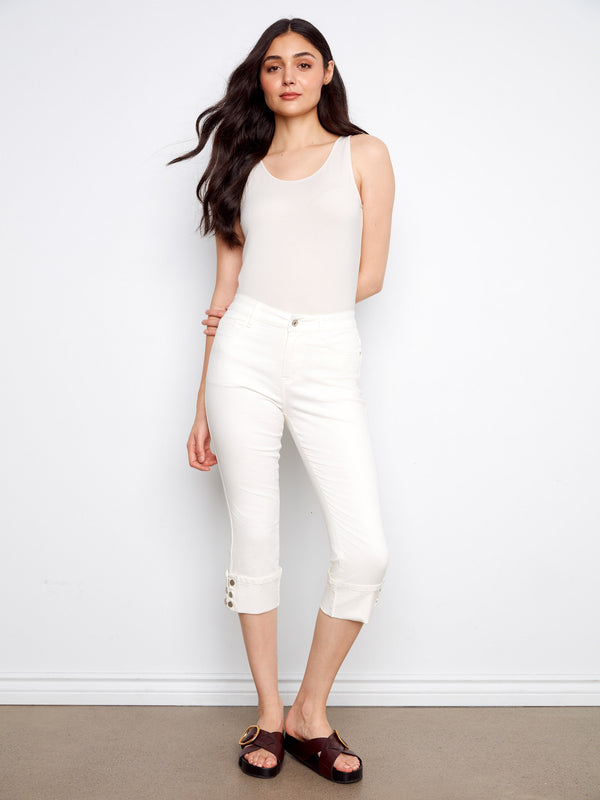 Cropped Twill Jeans With Snap Button Cuff - White