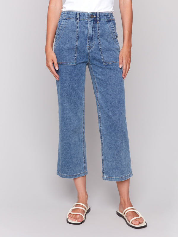 Cropped medium blue jeans featuring stretch denim by Charlie B.