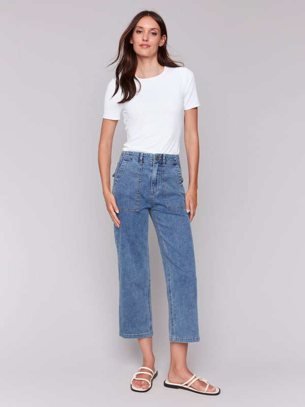 Utility pocketed medium blue cropped denim for a sleek look by Charlie B.