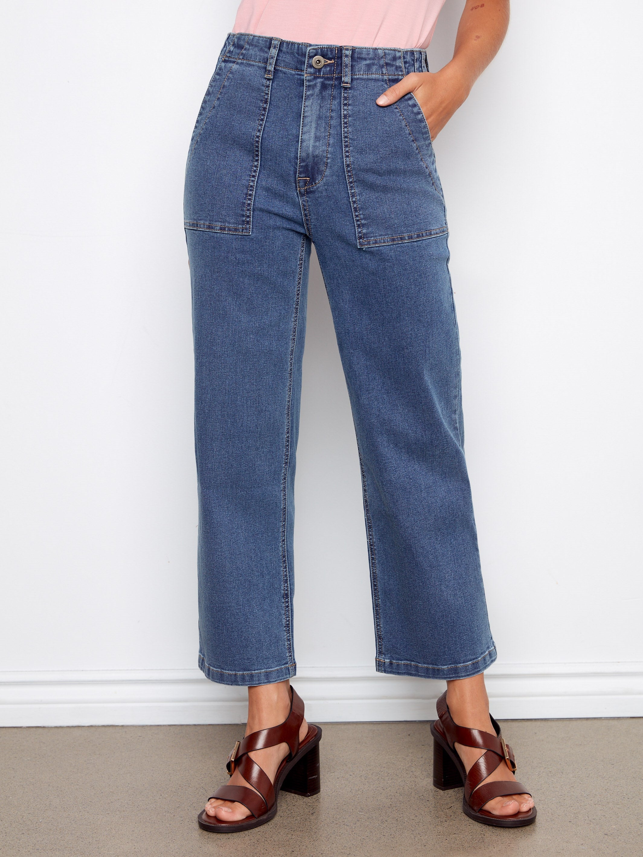 Blue B Collection Women's Cropped Utility Jeans | Medium Blue | Charlie B CA – Charlie B ...