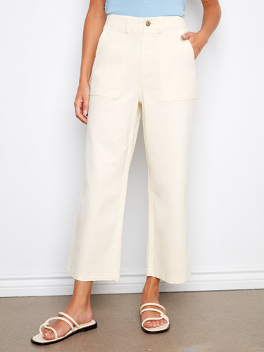 Cropped twill pants featuring utility style pockets, styled with a blue top by Charlie B.