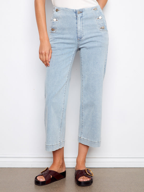 Cropped Wide Leg Jeans With Side Buttons - Light Blue
