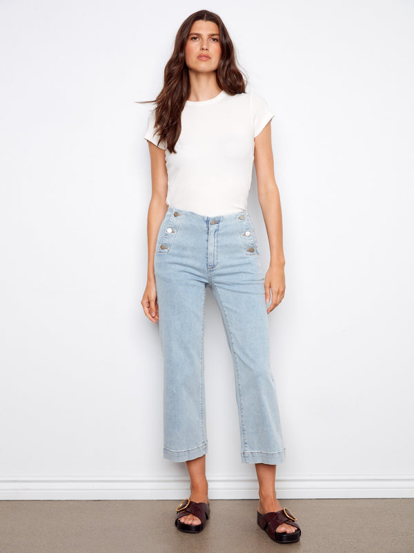 Cropped Wide Leg Jeans With Side Buttons - Light Blue