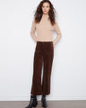Brown stretch corduroy pants with a wide leg design and regular rise, offering comfort and style by Charlie B.
