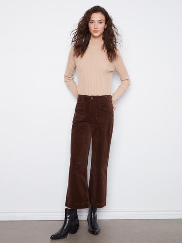 Brown stretch corduroy pants with a wide leg design and regular rise, offering comfort and style by Charlie B.