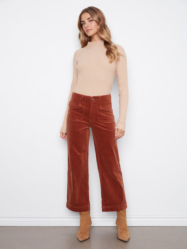 Cropped Wide Leg Stretch Corduroy Pants - Ginger