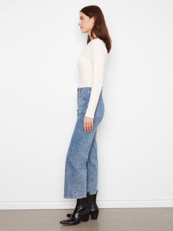 Jean écourté à jambe large extensible - Bleu Moyen