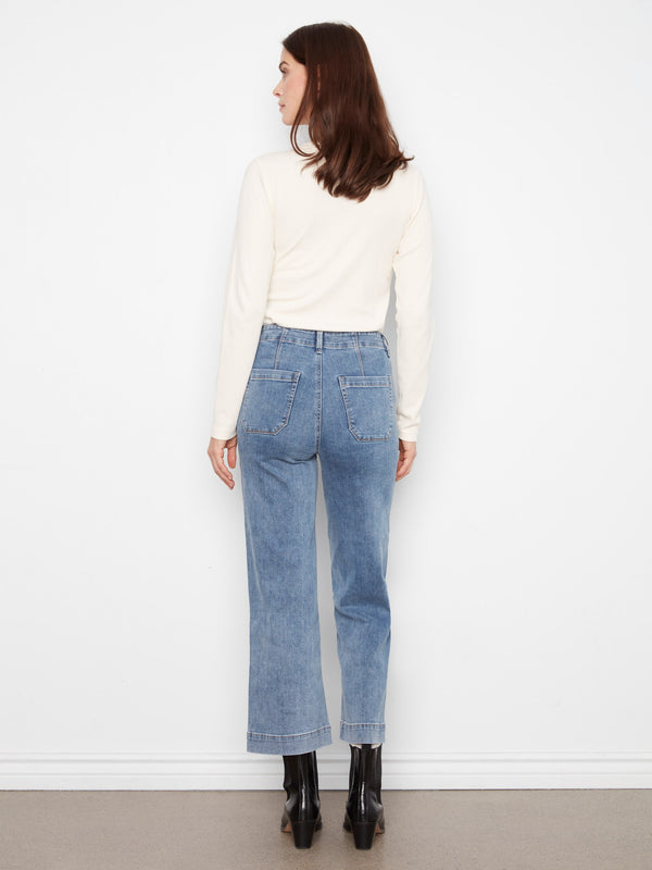 Jean écourté à jambe large extensible - Bleu Moyen