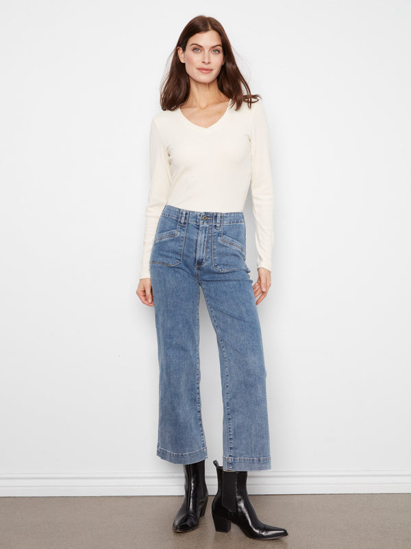 Cropped Wide Leg Stretch Jeans - Medium Blue