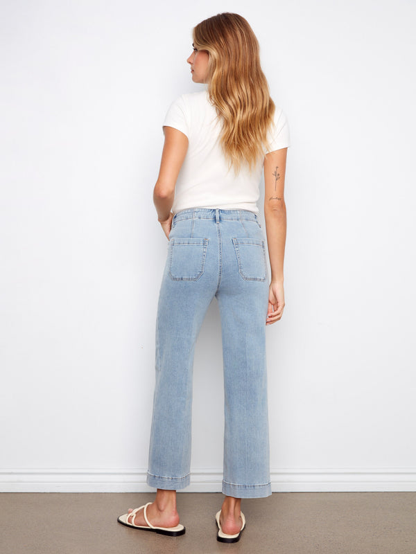 Cropped Wide Leg Stretch Jeans - Light Blue