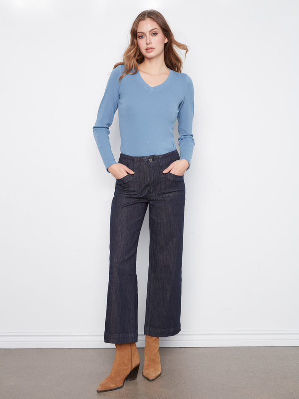 Jean écourté extensible à jambe large - Bleu Profond
